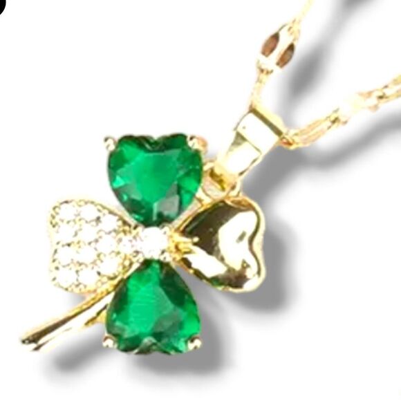 New GOLD & GREEN 4 Leaf Clover SHAMROCK Crystal Necklace - Picture 2 of 5